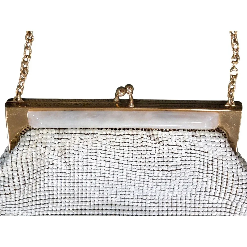 Vintage 40s-50s Whiting and Davis MCM White Enamel Metal Mesh Evening Bag